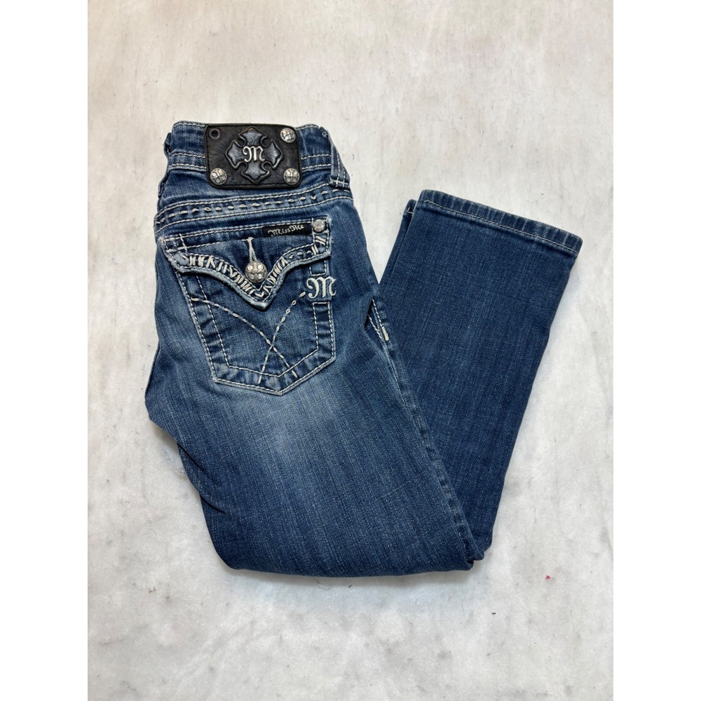 Miss Me JY5180P Dark Wash Capri Jeans Embellished Flap Pocket Mens 24 Stretch